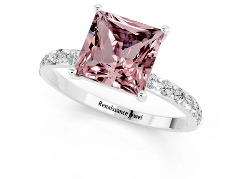White gold Princess Cut Morganite Solitaire Ring with Pave Band and Four Prong Setting_25