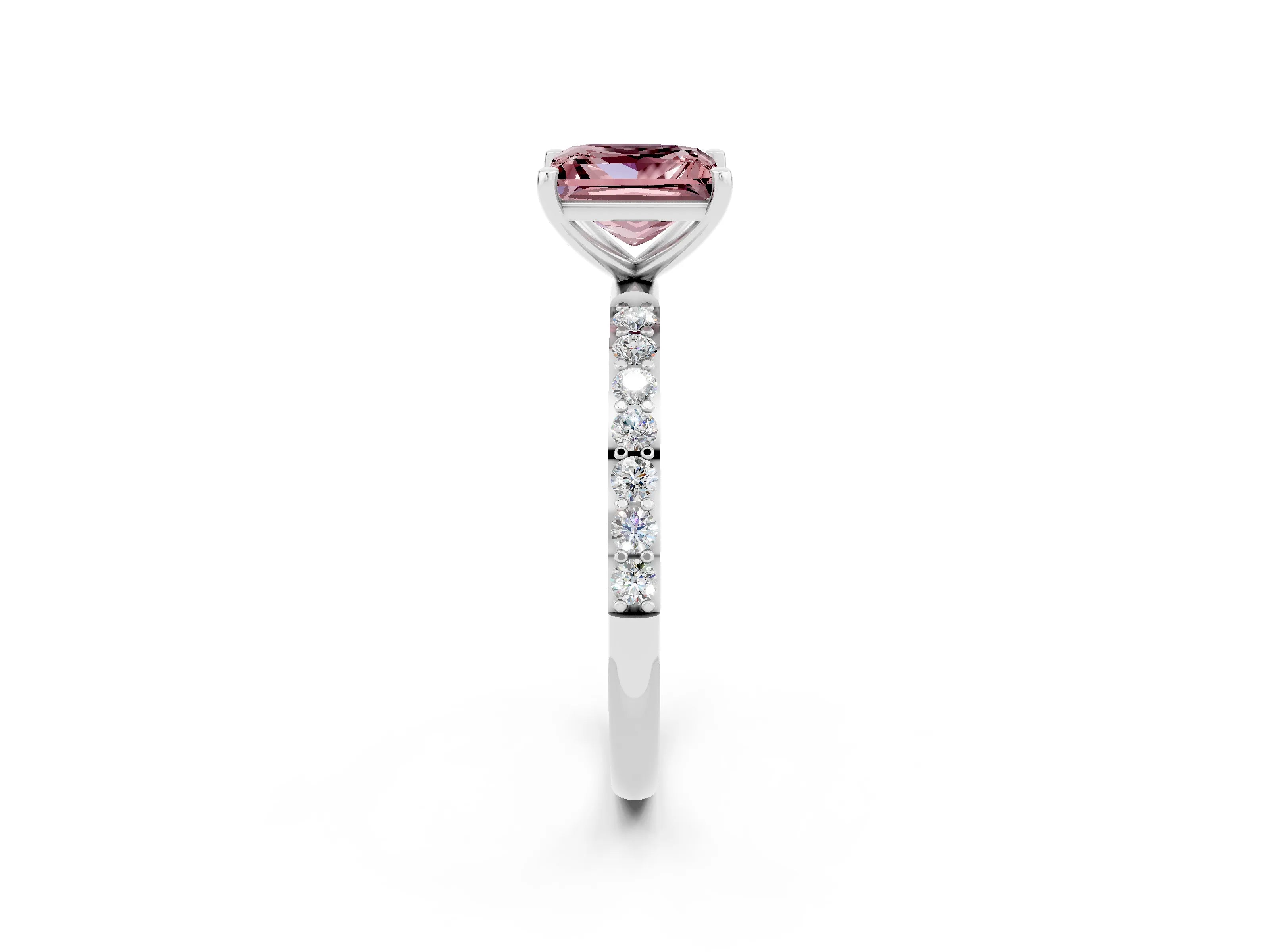 White gold Princess Cut Morganite Solitaire Ring with Pave Band and Four Prong Setting_26