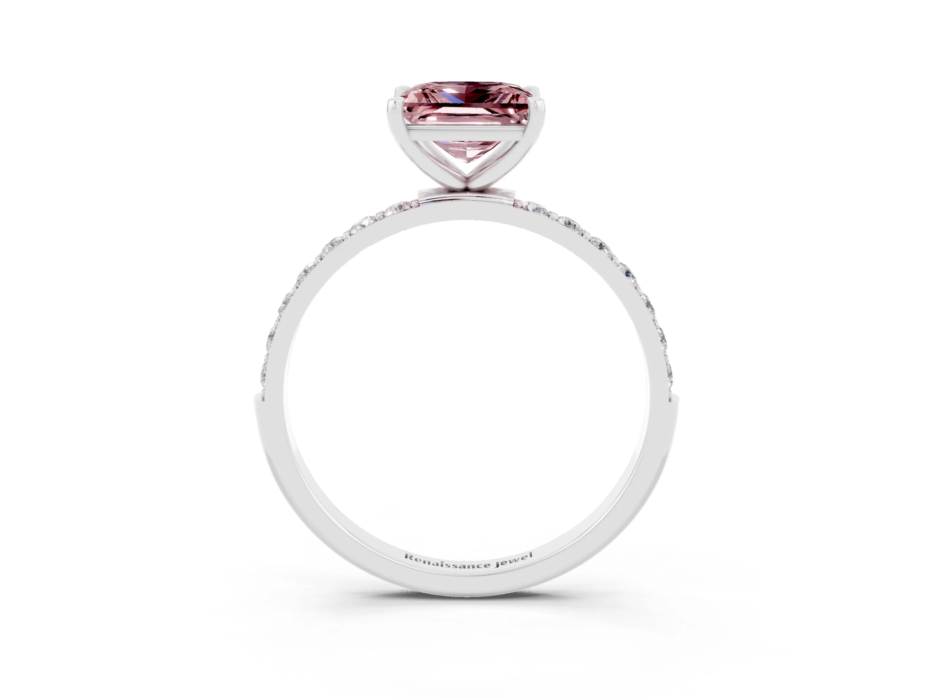 White gold Princess Cut Morganite Solitaire Ring with Pave Band and Four Prong Setting_27