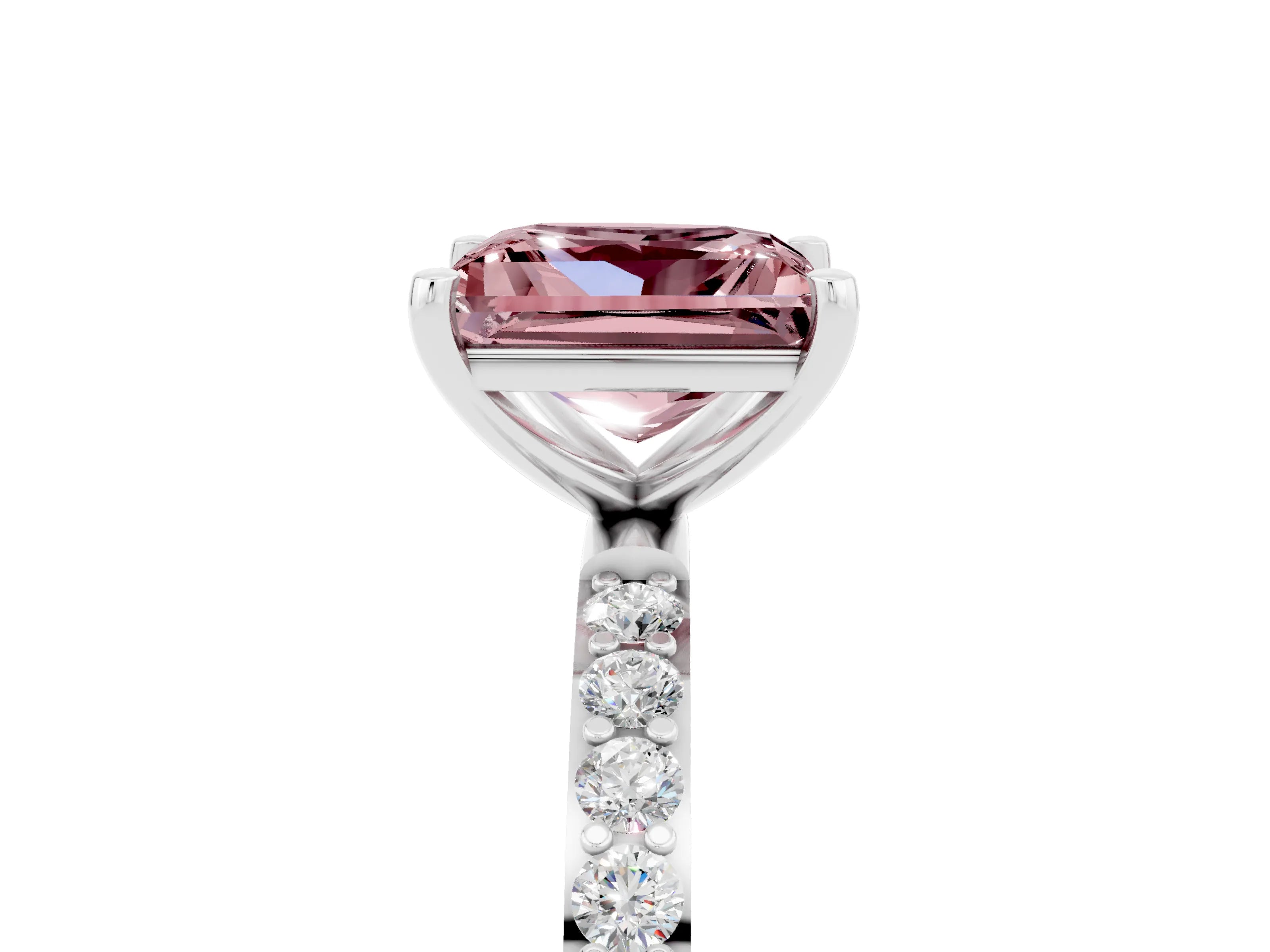 White gold Princess Cut Morganite Solitaire Ring with Pave Band and Four Prong Setting_29