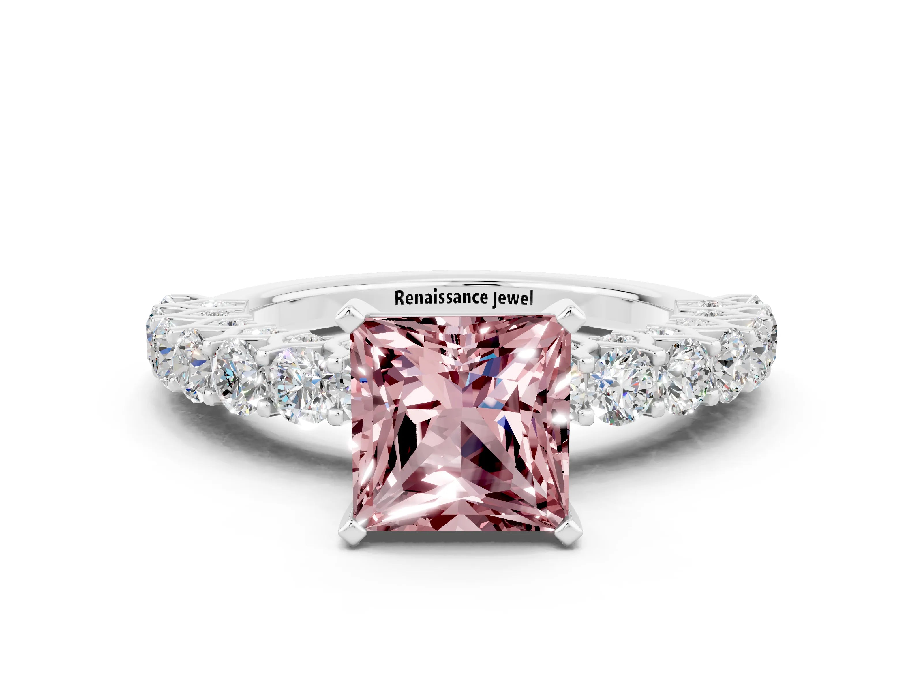 White gold Princess Cut Morganite Solitaire Ring with Shared Prong Pavé Band and Four-Prong Setting