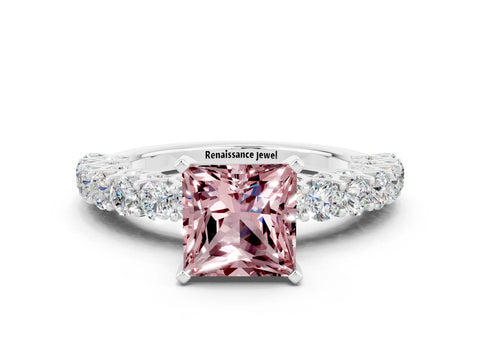 White gold Princess Cut Morganite Solitaire Ring with Shared Prong Pavé Band and Four-Prong Setting