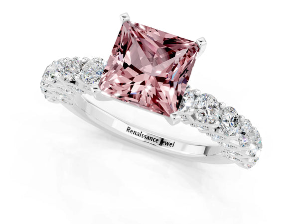 White gold Princess Cut Morganite Solitaire Ring with Shared Prong Pavé Band and Four-Prong Setting