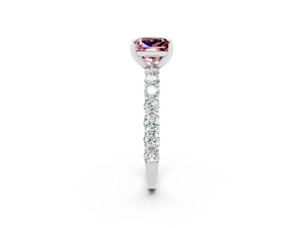 Silver Princess Cut Morganite Solitaire Ring with Shared Prong Pavé Band and Four-Prong Setting