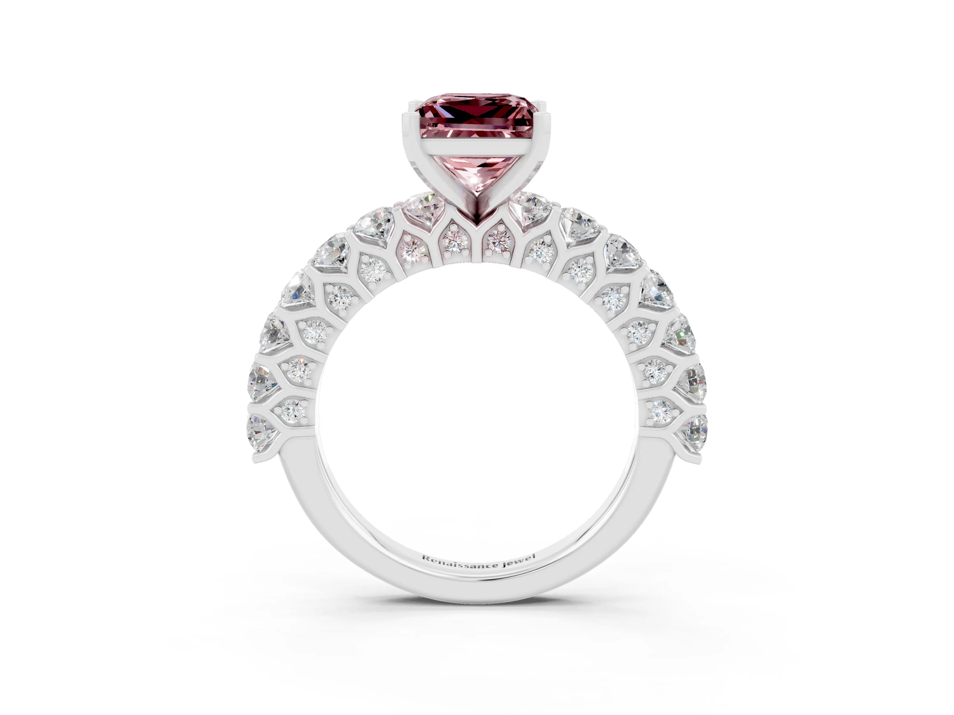 White gold Princess Cut Morganite Solitaire Ring with Shared Prong Pavé Band and Four-Prong Setting_3