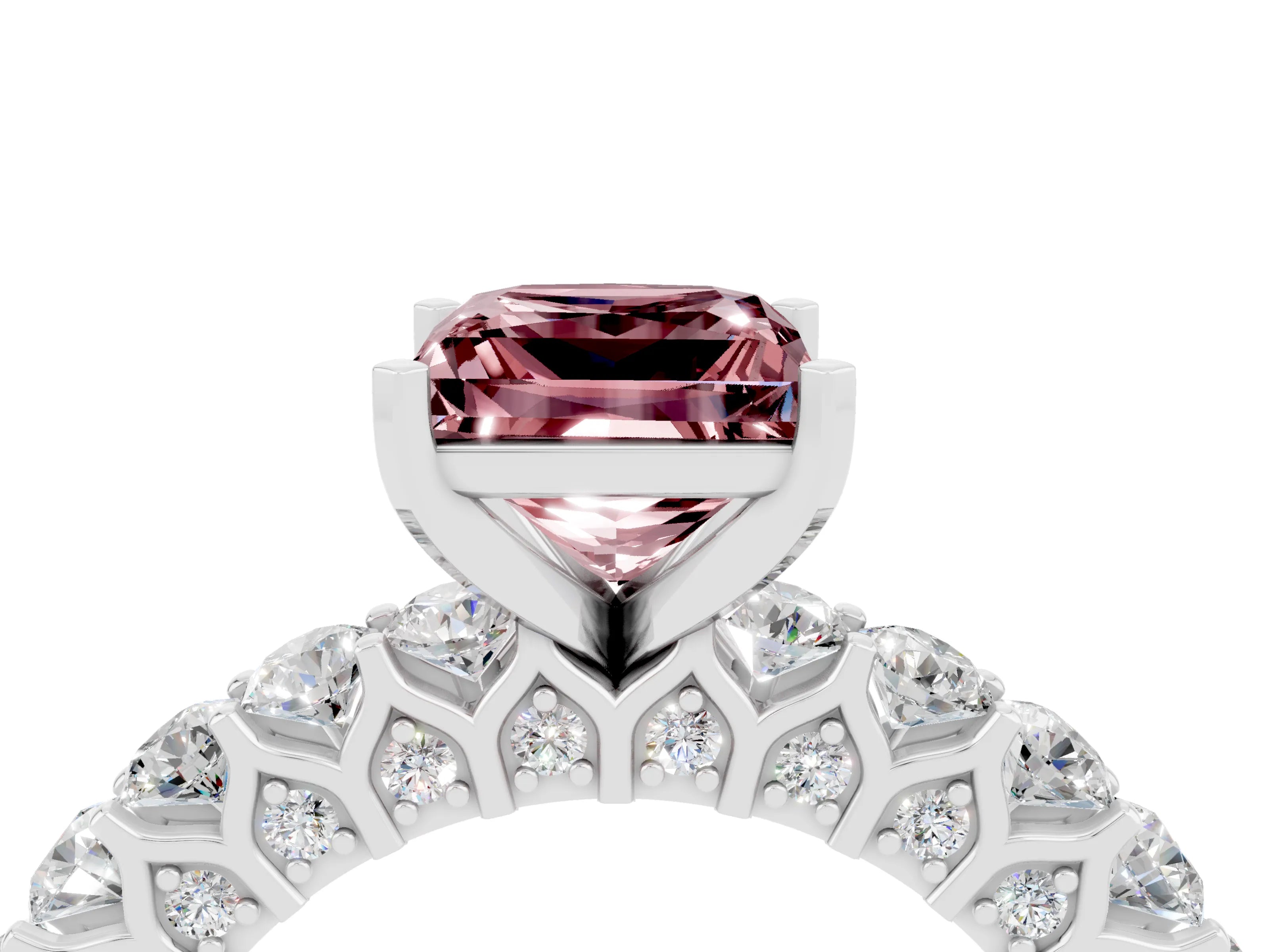 White gold Princess Cut Morganite Solitaire Ring with Shared Prong Pavé Band and Four-Prong Setting_4