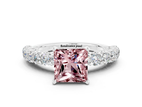 White gold Princess Cut Morganite Solitaire Ring with Shared Prong Pavé Band and Four-Prong Setting