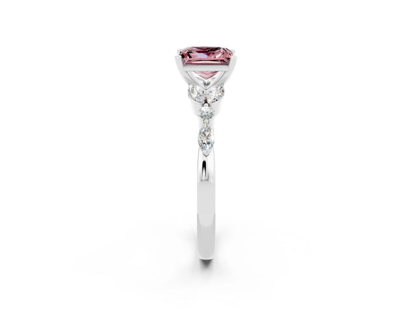 Silver Princess Cut Morganite Solitaire Ring with Side Stones and Four-Prong Setting