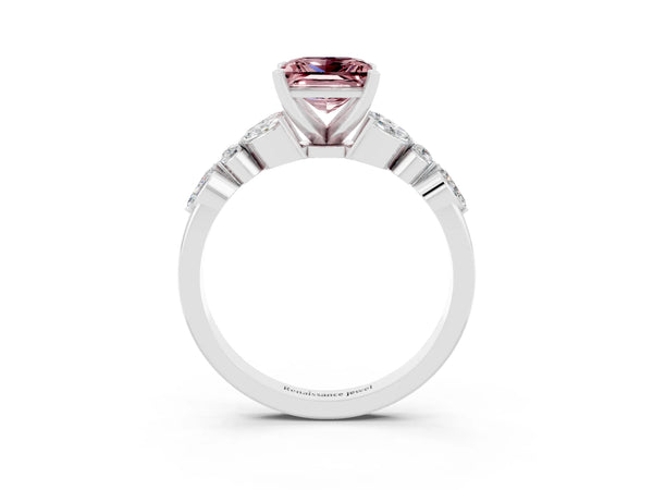 Platinum Princess Cut Morganite Solitaire Ring with Side Stones and Four-Prong Setting