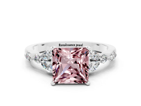 White gold Princess Cut Morganite Solitaire Ring with Side Stones and Four-Prong Setting_24