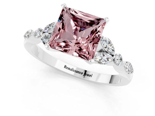 White gold Princess Cut Morganite Solitaire Ring with Side Stones and Four-Prong Setting