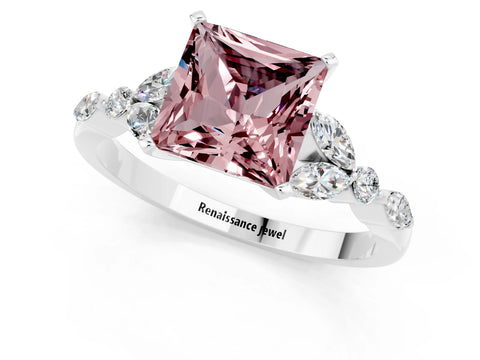 White gold Princess Cut Morganite Solitaire Ring with Side Stones and Four-Prong Setting_25