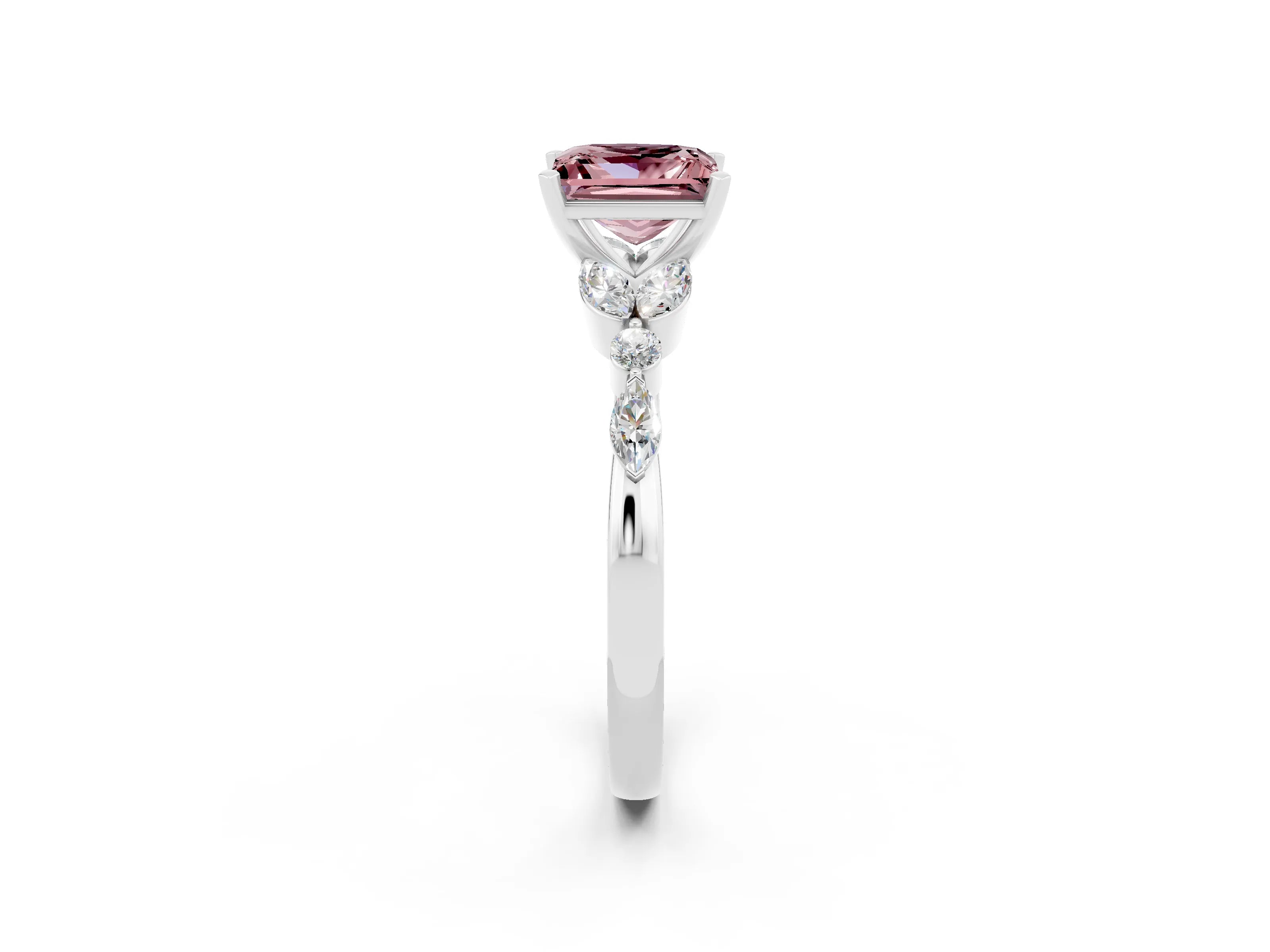 White gold Princess Cut Morganite Solitaire Ring with Side Stones and Four-Prong Setting_26