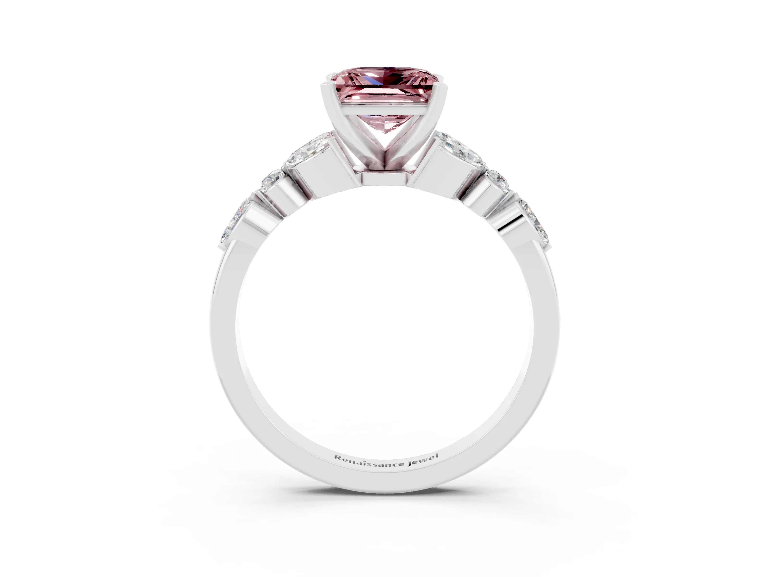 White gold Princess Cut Morganite Solitaire Ring with Side Stones and Four-Prong Setting_27