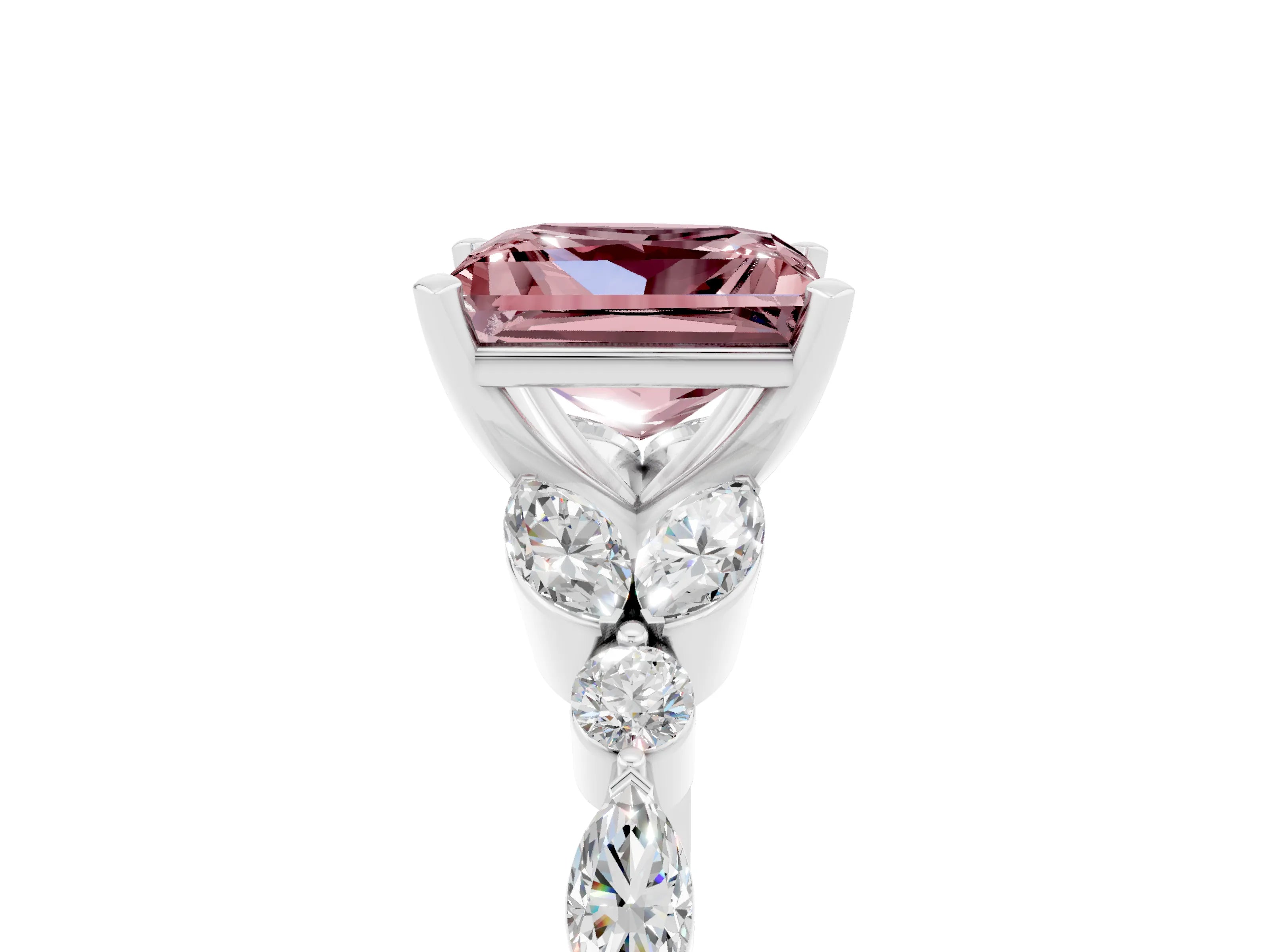 White gold Princess Cut Morganite Solitaire Ring with Side Stones and Four-Prong Setting_29