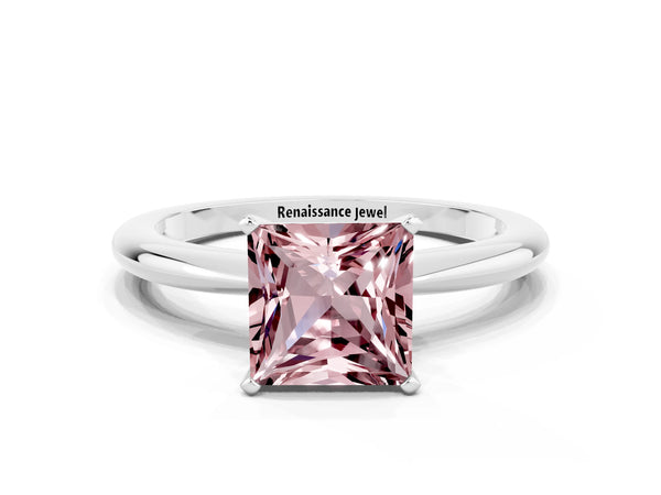 White gold Princess Cut Morganite Solitaire Ring with Six-Prong Setting and Classic Band