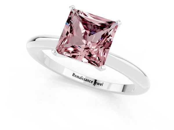 Silver Princess Cut Morganite Solitaire Ring with Six-Prong Setting and Classic Band