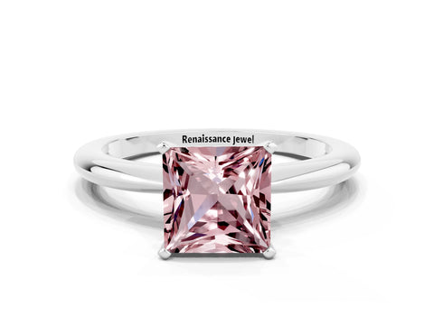 White gold Princess Cut Morganite Solitaire Ring with Six-Prong Setting and Classic Band