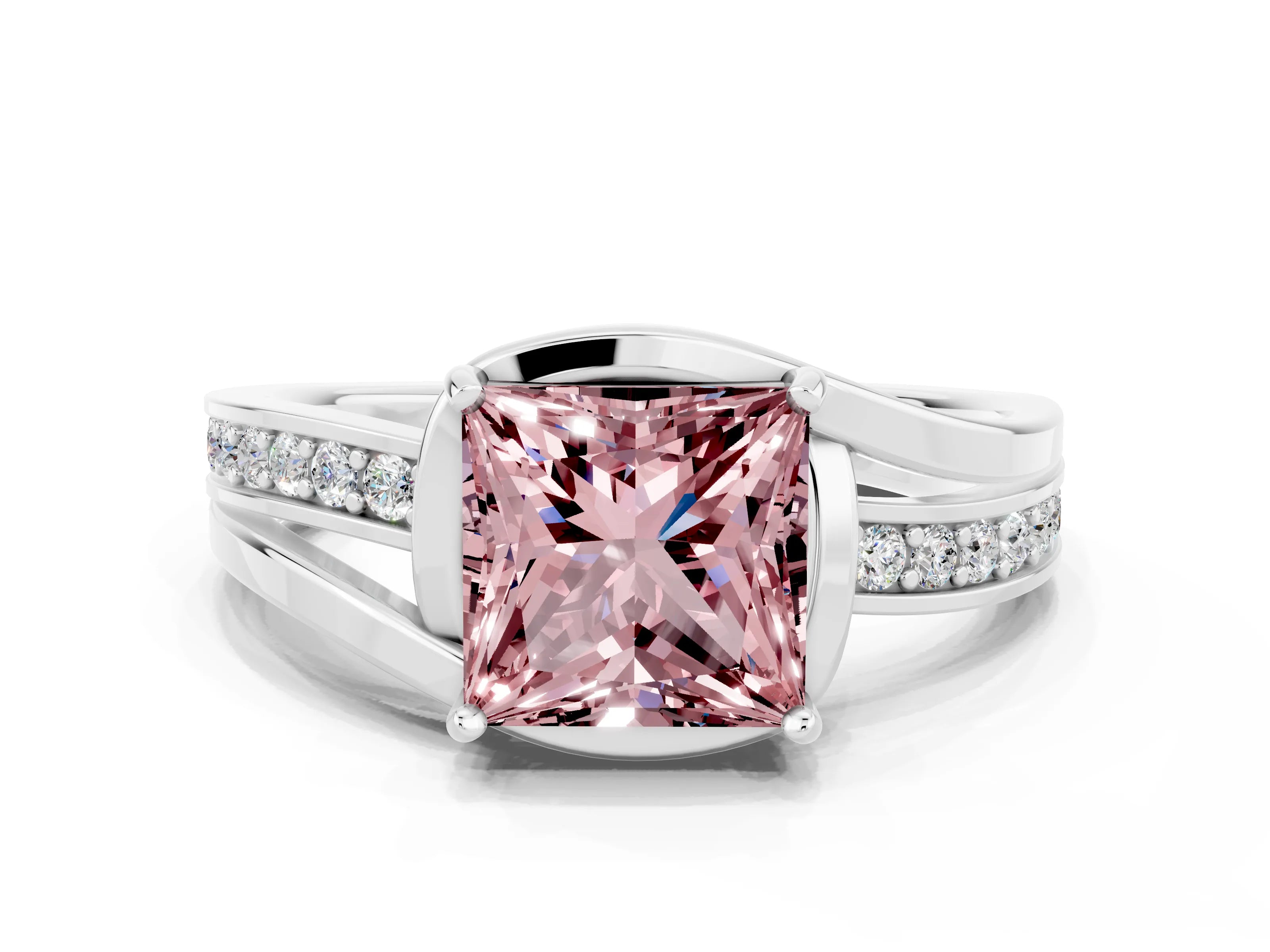 White gold Princess Cut Morganite Solitaire Ring with Split Shank and Prong Setting
