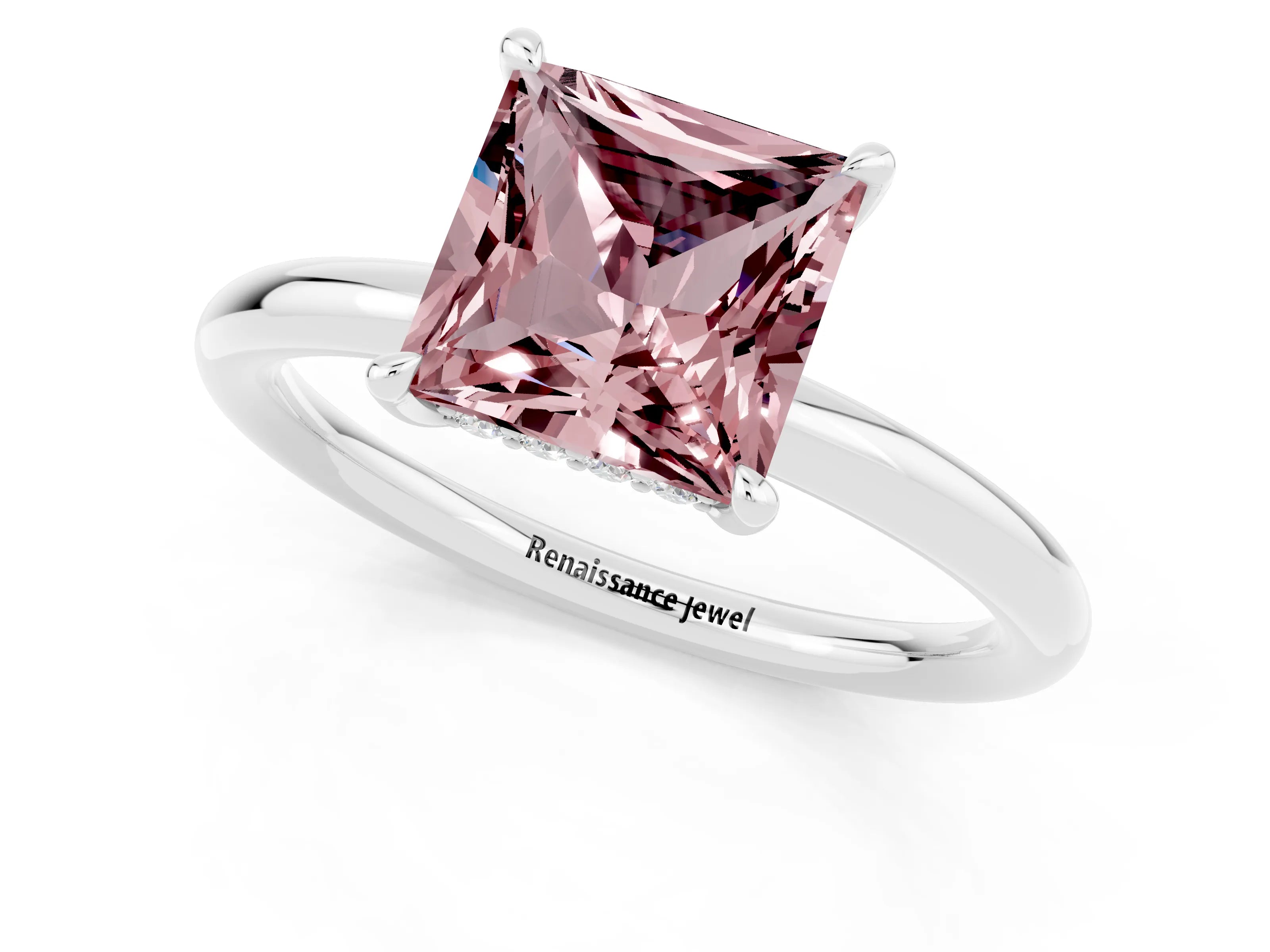 White gold Princess Cut Morganite Solitaire Ring with Thin Band and Four-Prong Setting_1