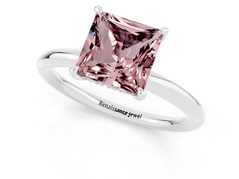 White gold Princess Cut Morganite Solitaire Ring with Thin Band and Four-Prong Setting_1