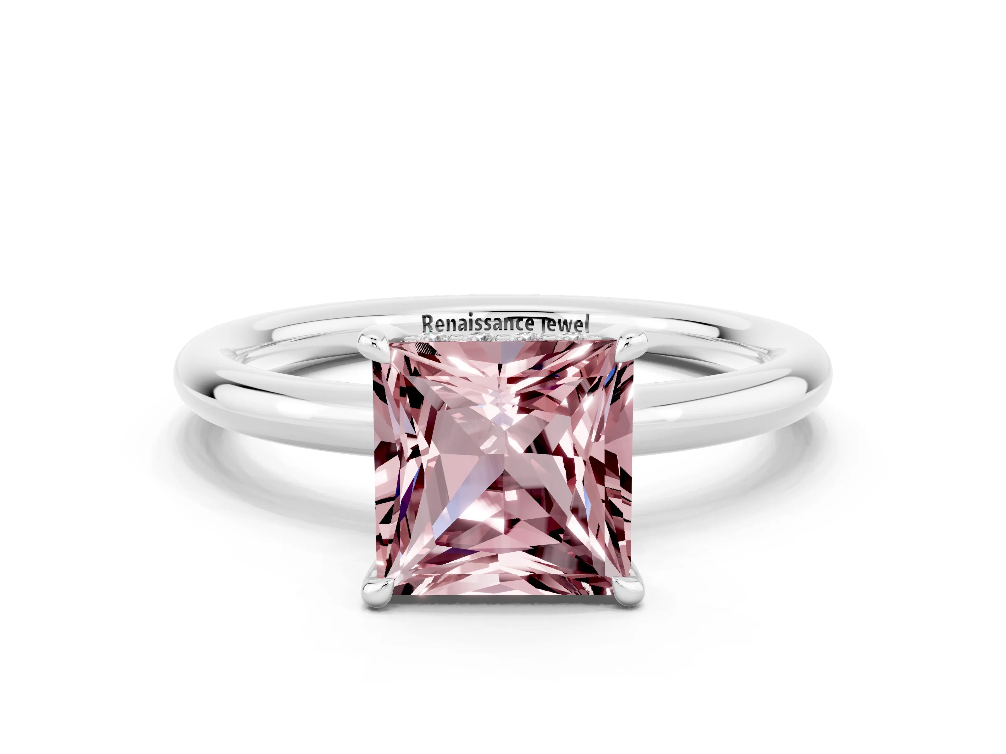 White gold Princess Cut Morganite Solitaire Ring with Thin Band and Four-Prong Setting