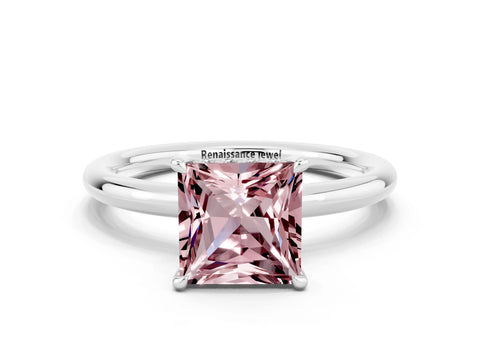 White gold Princess Cut Morganite Solitaire Ring with Thin Band and Four-Prong Setting