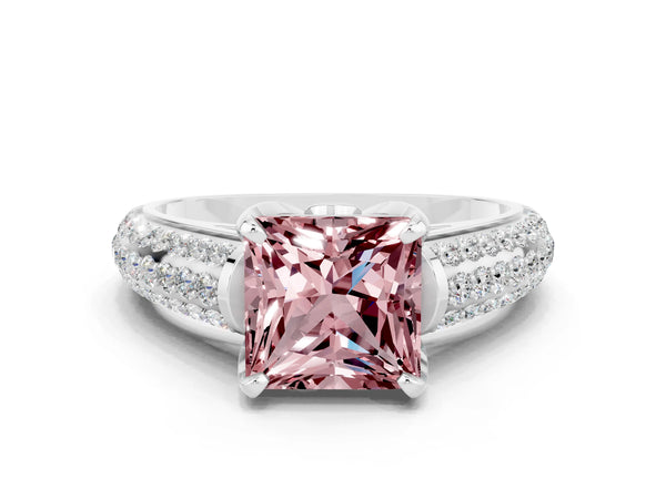 Platinum Princess Cut Morganite Solitaire Ring with Three-Row Pavé Band and Four-Prong Setting