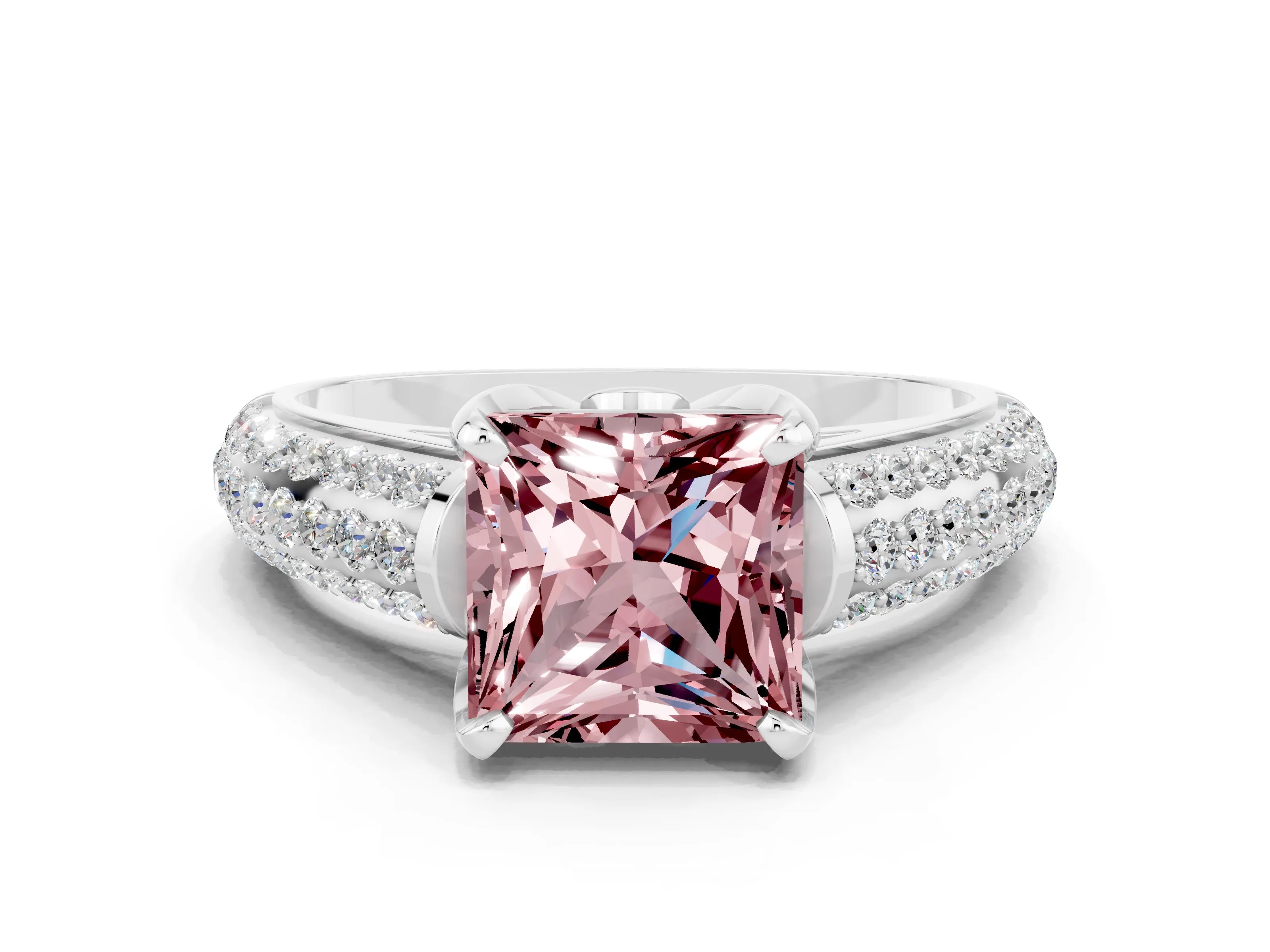 White gold Princess Cut Morganite Solitaire Ring with Three-Row Pavé Band and Four-Prong Setting_12