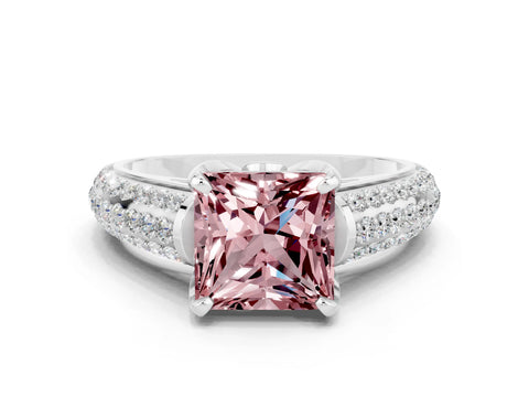 White gold Princess Cut Morganite Solitaire Ring with Three-Row Pavé Band and Four-Prong Setting_12