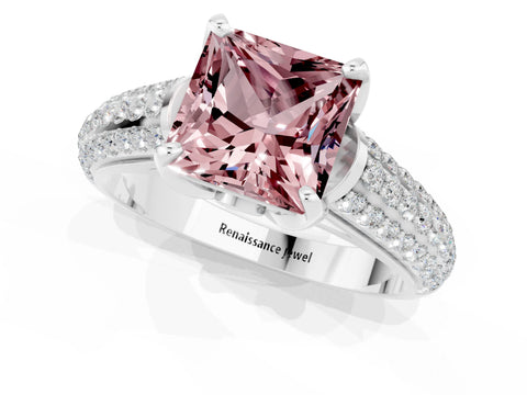 White gold Princess Cut Morganite Solitaire Ring with Three-Row Pavé Band and Four-Prong Setting_13