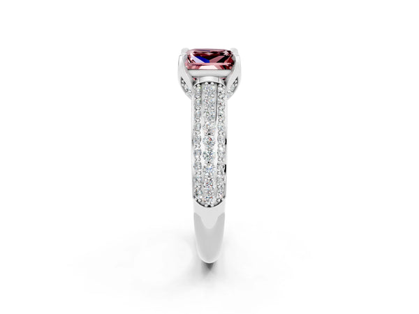 Platinum Princess Cut Morganite Solitaire Ring with Three-Row Pavé Band and Four-Prong Setting