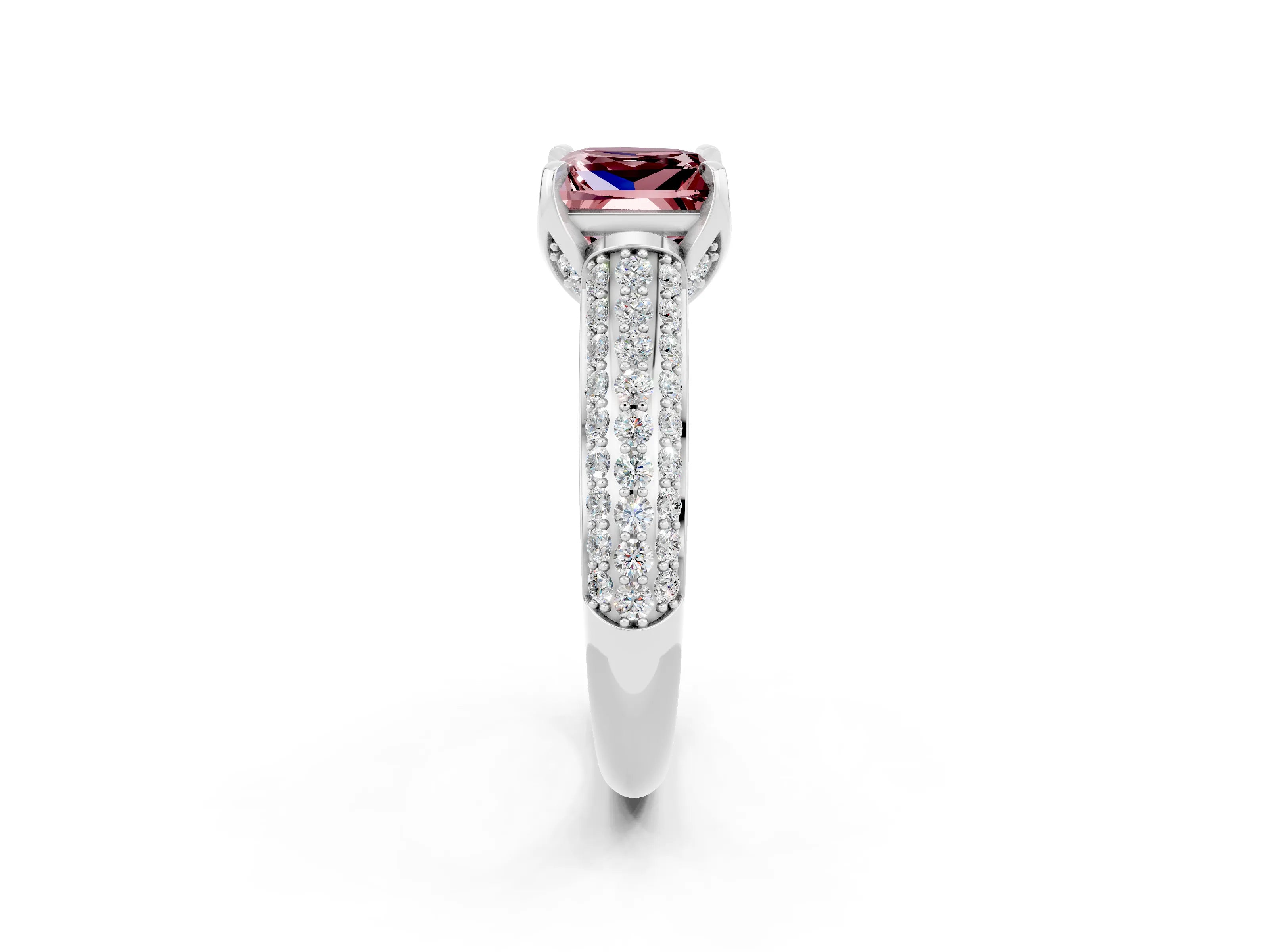 White gold Princess Cut Morganite Solitaire Ring with Three-Row Pavé Band and Four-Prong Setting_14