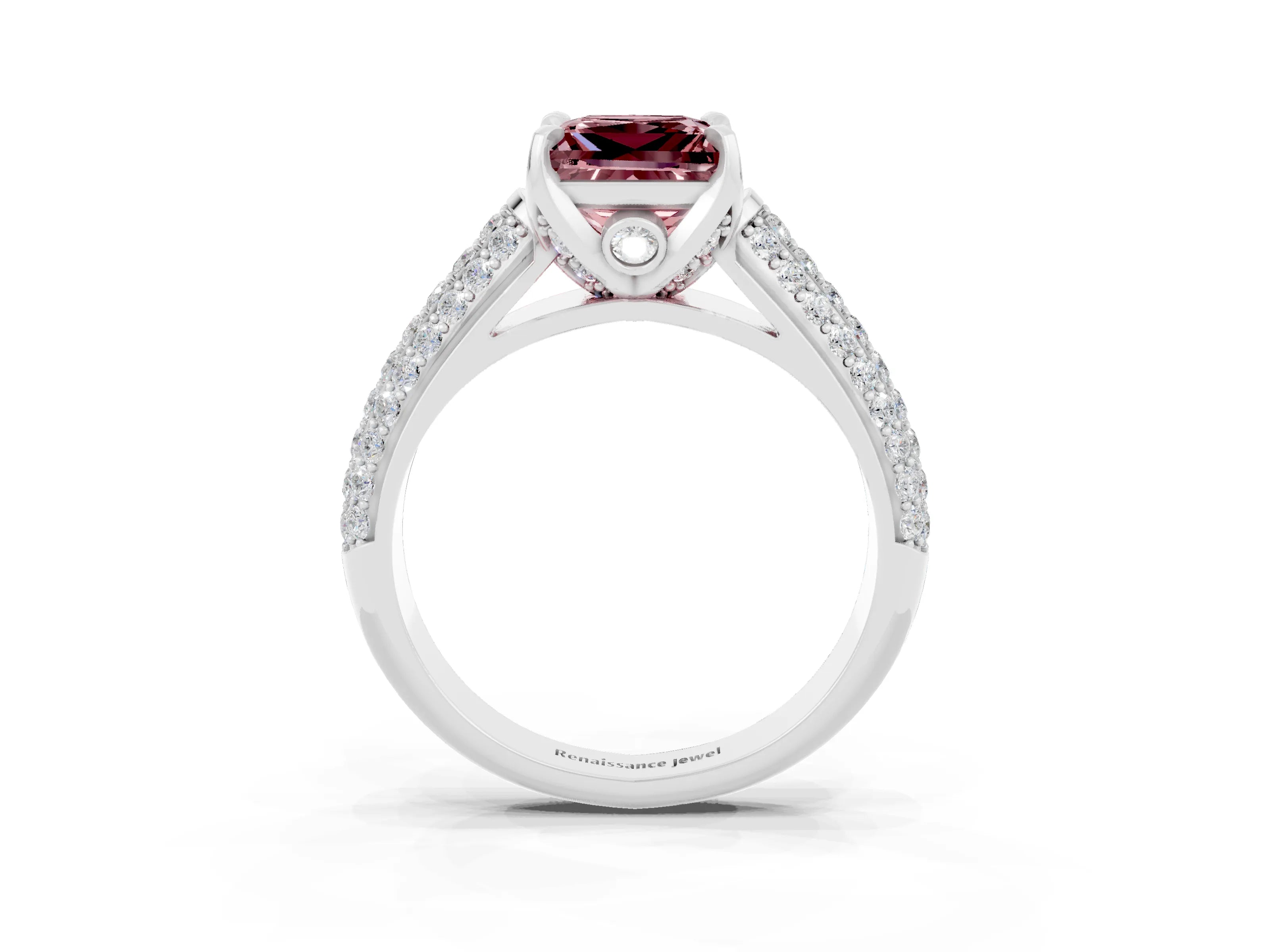 White gold Princess Cut Morganite Solitaire Ring with Three-Row Pavé Band and Four-Prong Setting_15