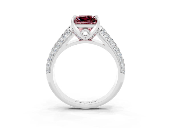 White gold Princess Cut Morganite Solitaire Ring with Three-Row Pavé Band and Four-Prong Setting