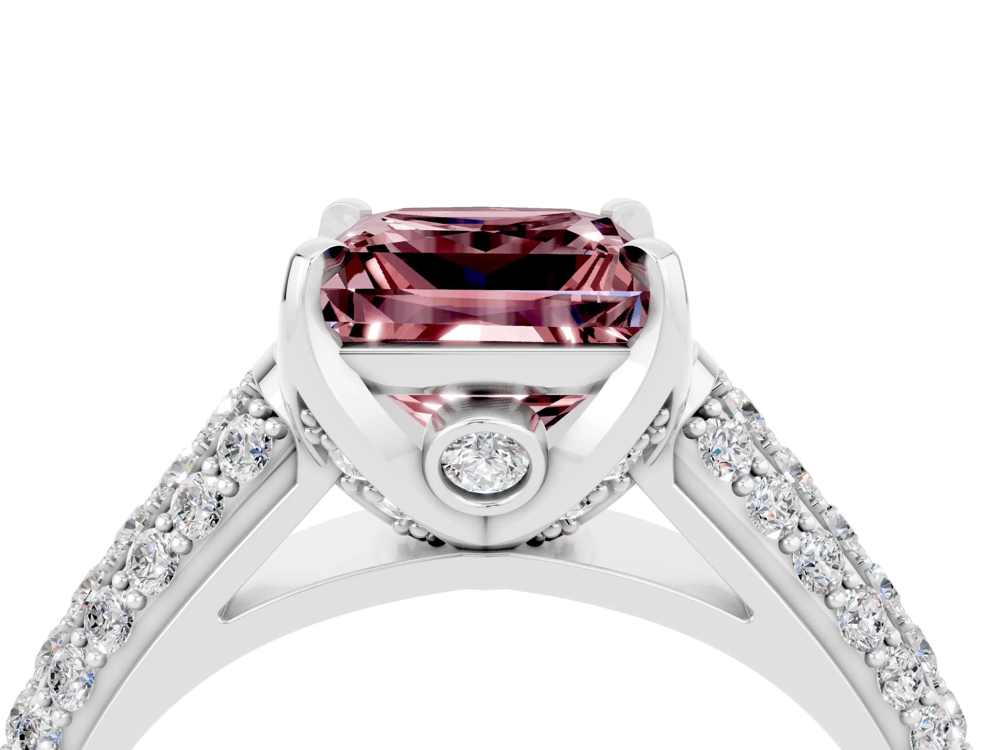 White gold Princess Cut Morganite Solitaire Ring with Three-Row Pavé Band and Four-Prong Setting_16
