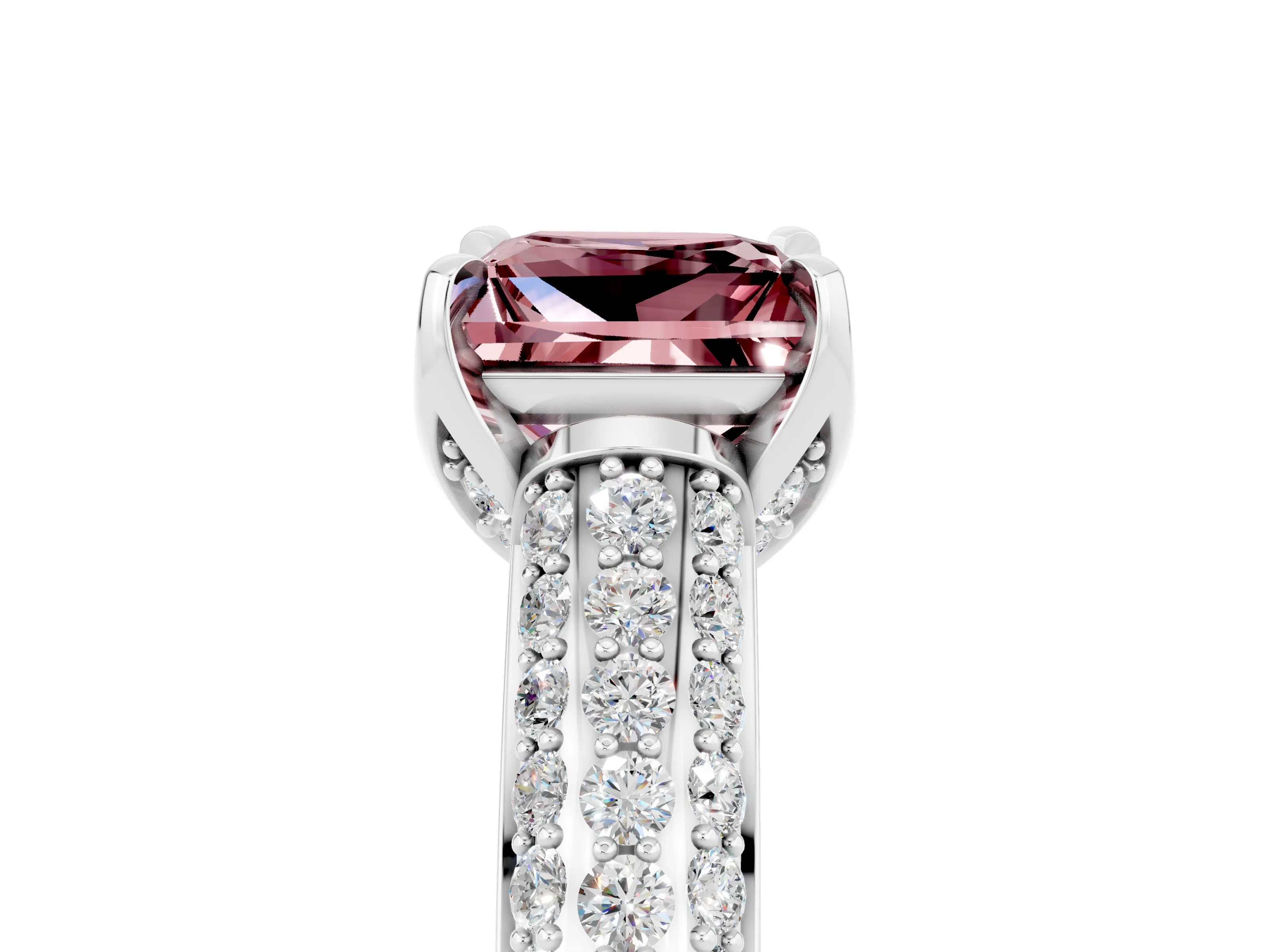 White gold Princess Cut Morganite Solitaire Ring with Three-Row Pavé Band and Four-Prong Setting_17