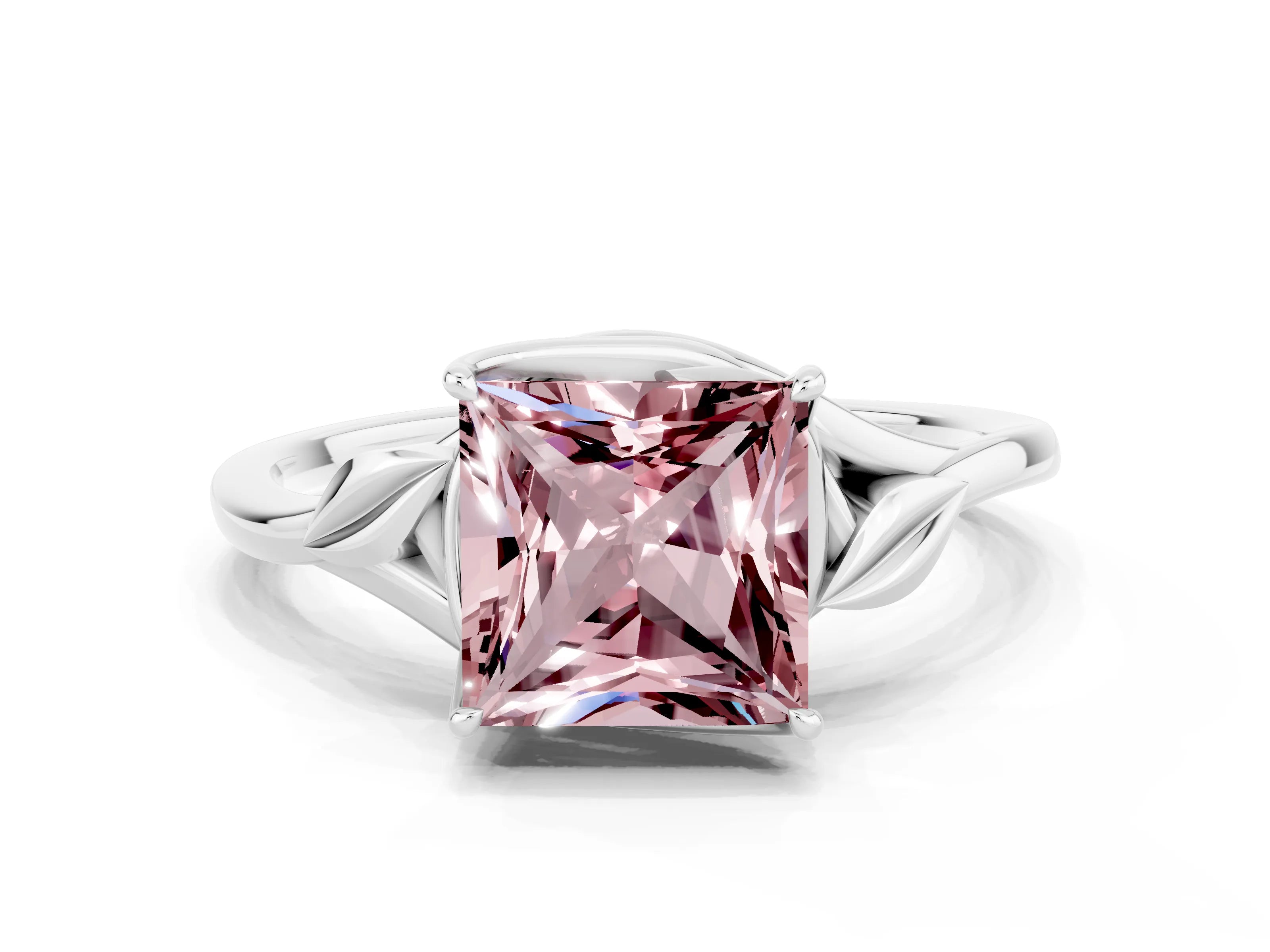 White gold Princess Cut Morganite Solitaire Ring with Twist Band and Four-Prong Setting_12
