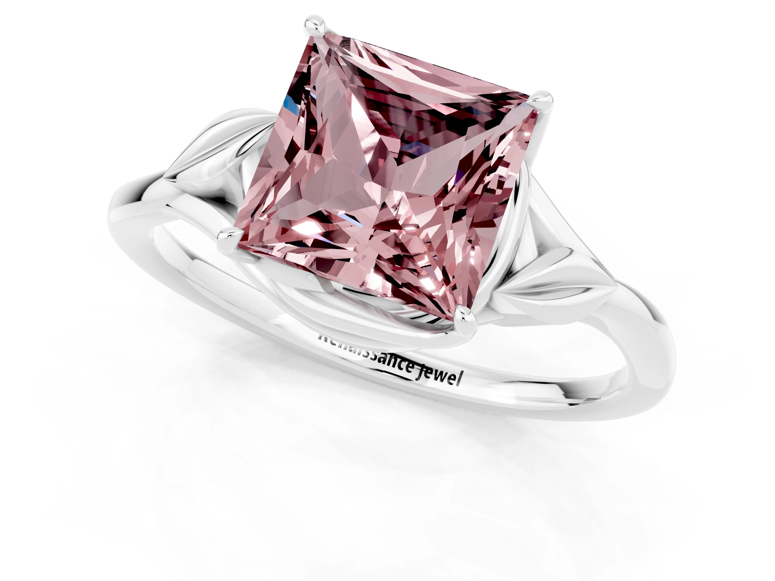 White gold Princess Cut Morganite Solitaire Ring with Twist Band and Four-Prong Setting_13