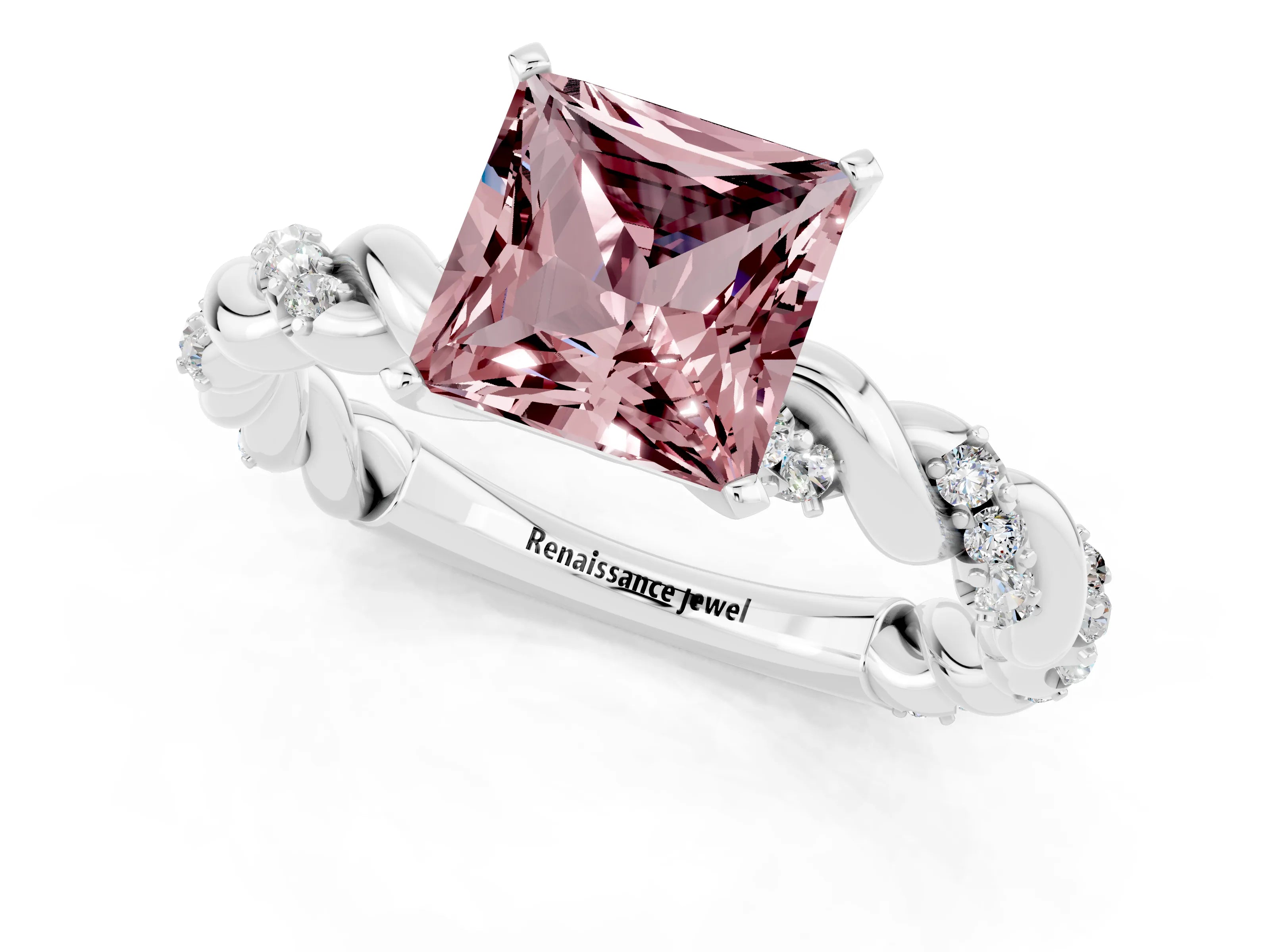 White gold Princess Cut Morganite Solitaire Ring with Twisted Band and Pavé Accents_1