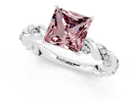 White gold Princess Cut Morganite Solitaire Ring with Twisted Band and Pavé Accents_1