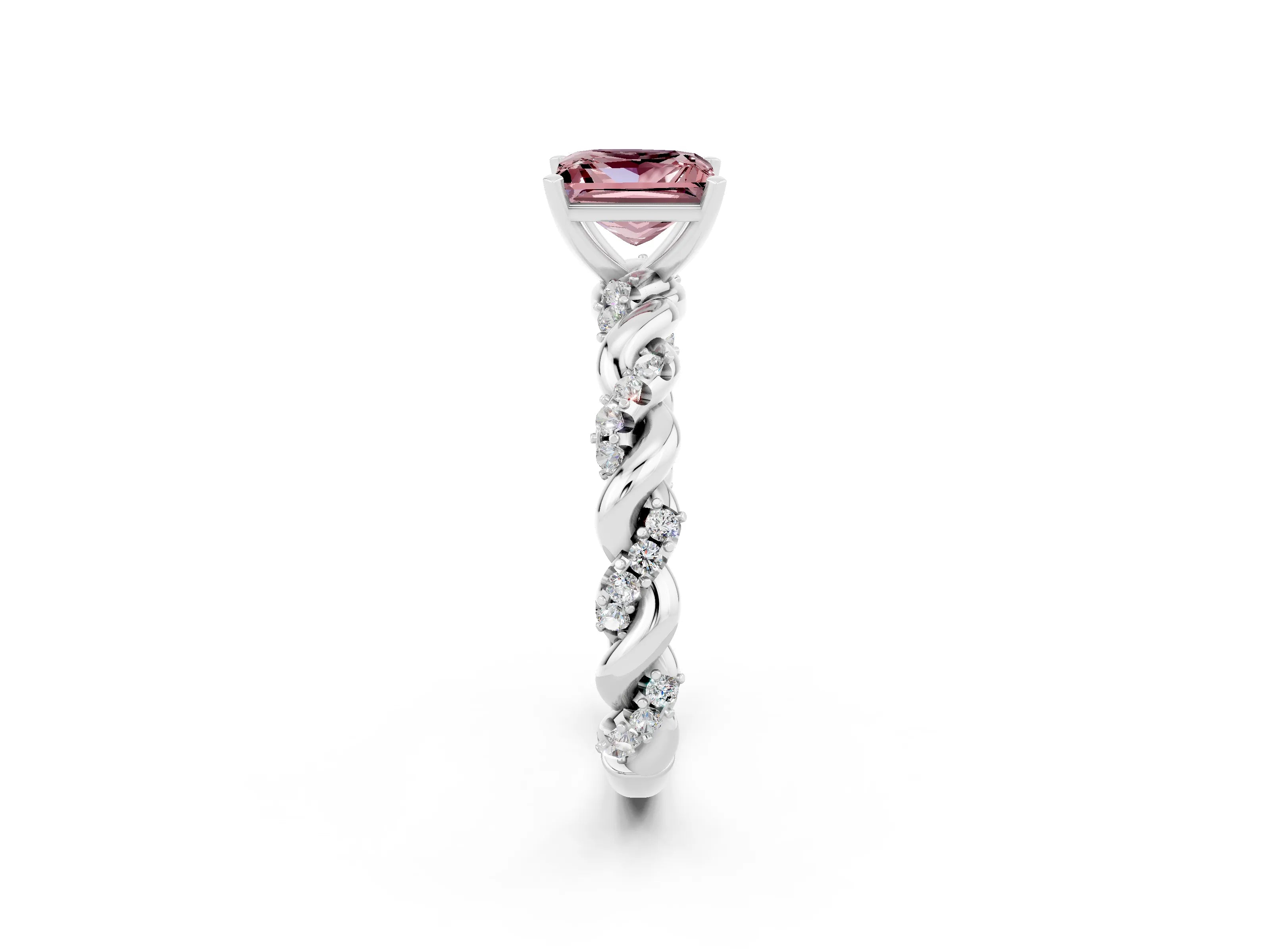 White gold Princess Cut Morganite Solitaire Ring with Twisted Band and Pavé Accents_2
