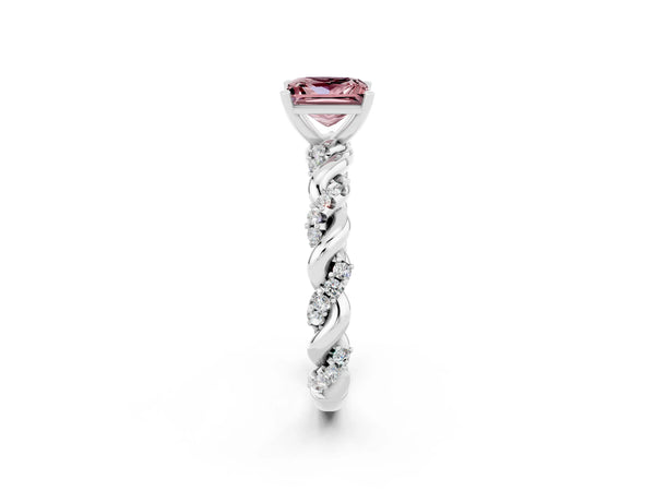 Platinum Princess Cut Morganite Solitaire Ring with Twisted Band and Pavé Accents
