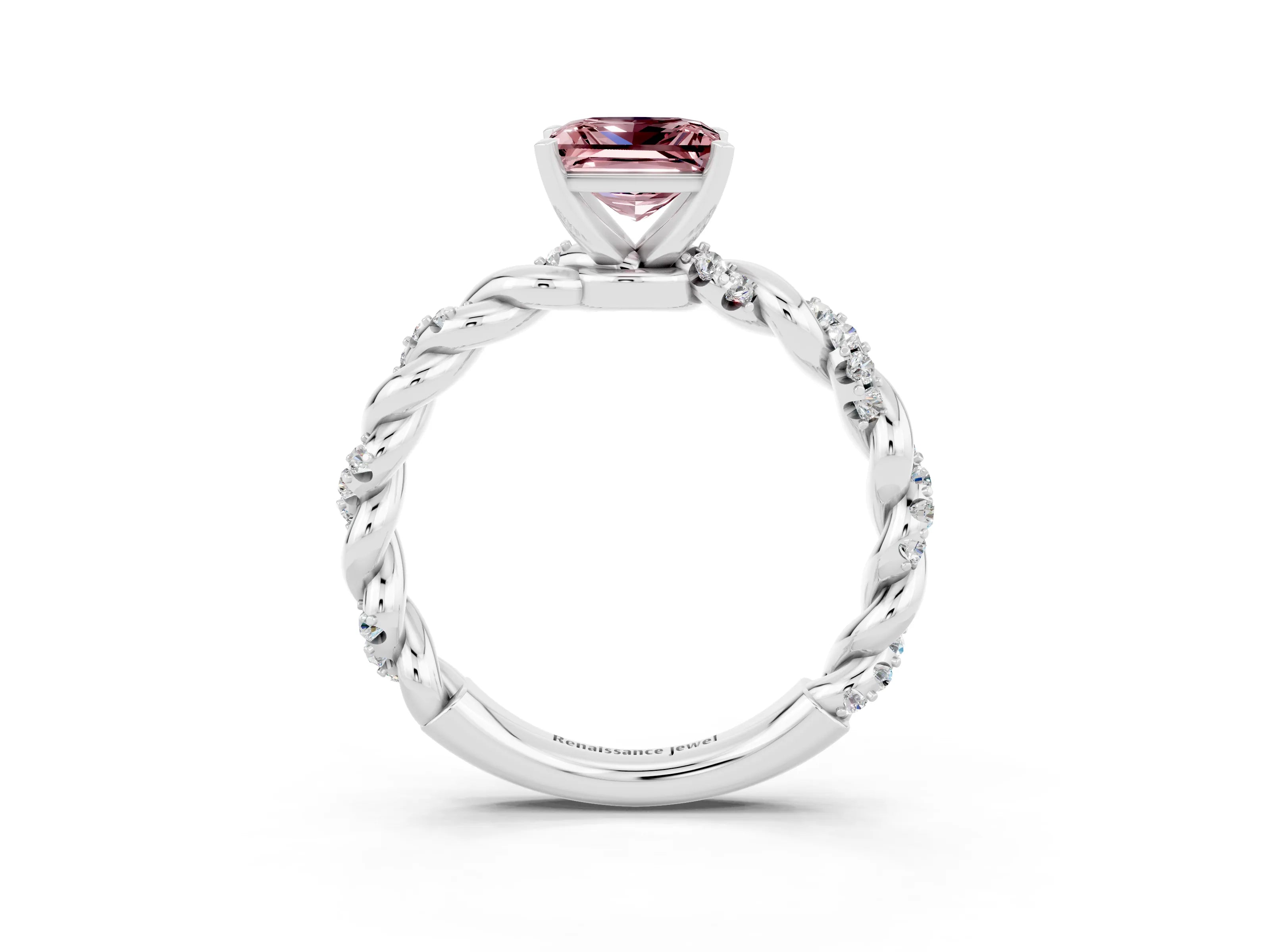 White gold Princess Cut Morganite Solitaire Ring with Twisted Band and Pavé Accents_3