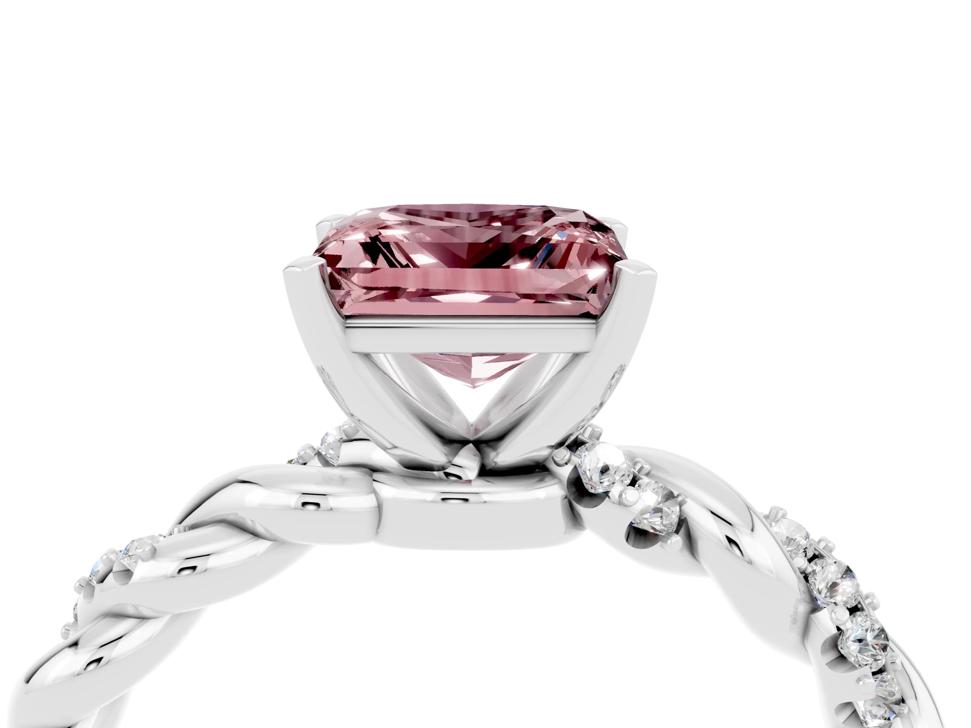 White gold Princess Cut Morganite Solitaire Ring with Twisted Band and Pavé Accents_4