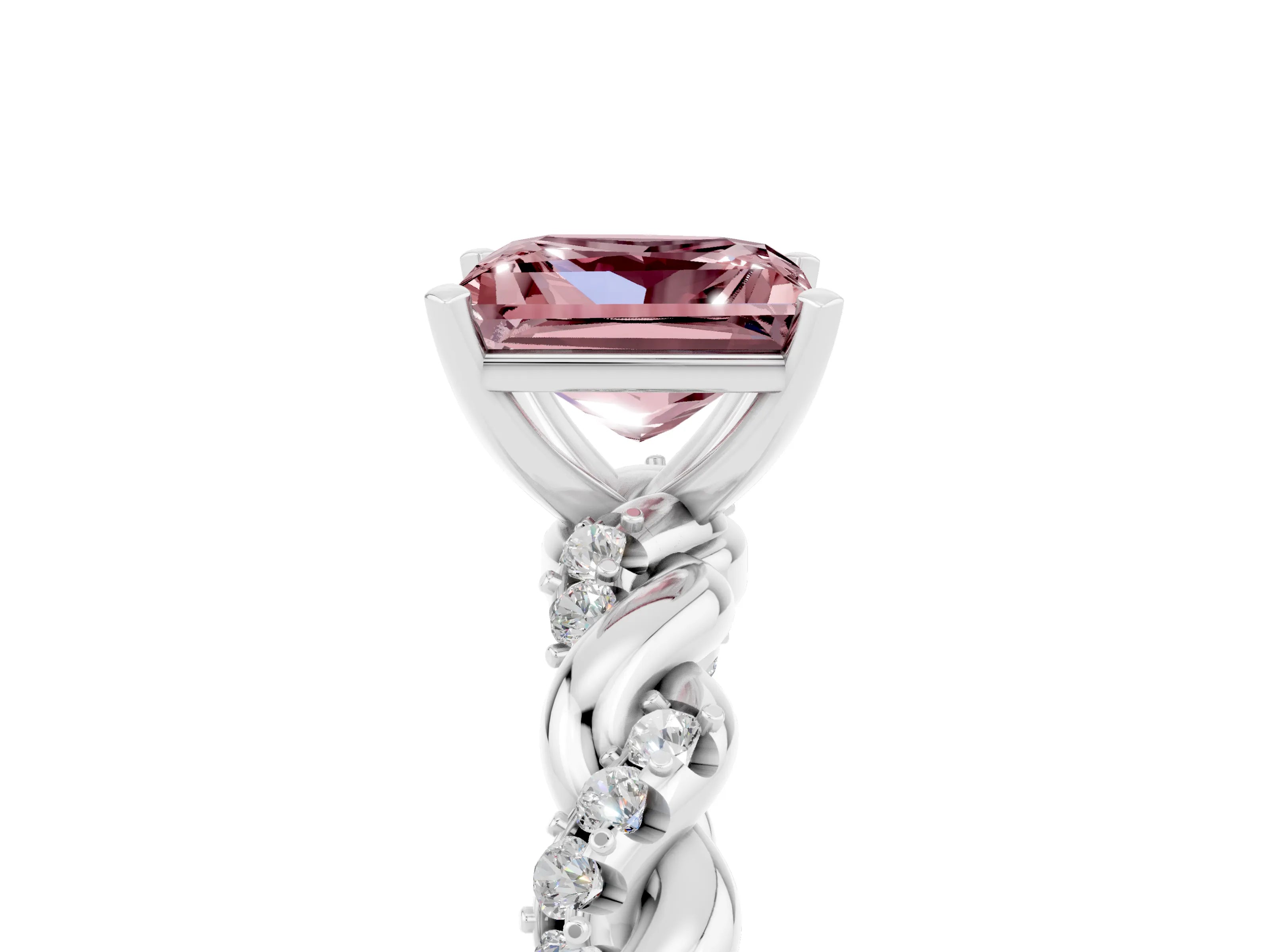 White gold Princess Cut Morganite Solitaire Ring with Twisted Band and Pavé Accents_5
