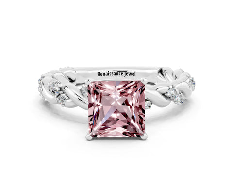 White gold Princess Cut Morganite Solitaire Ring with Twisted Band and Pavé Accents