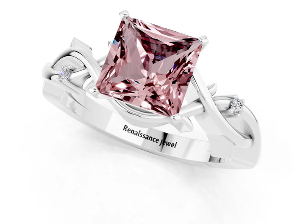 Platinum Princess Cut Morganite Solitaire Ring with Twisted Band and Prong Setting