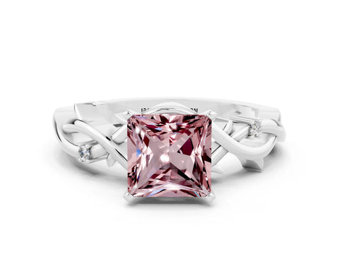 White gold Princess Cut Morganite Solitaire Ring with Twisted Band and Prong Setting_12