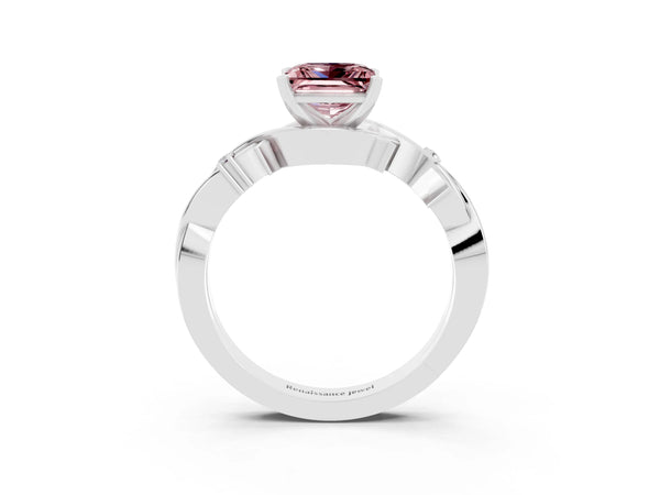White gold Princess Cut Morganite Solitaire Ring with Twisted Band and Prong Setting